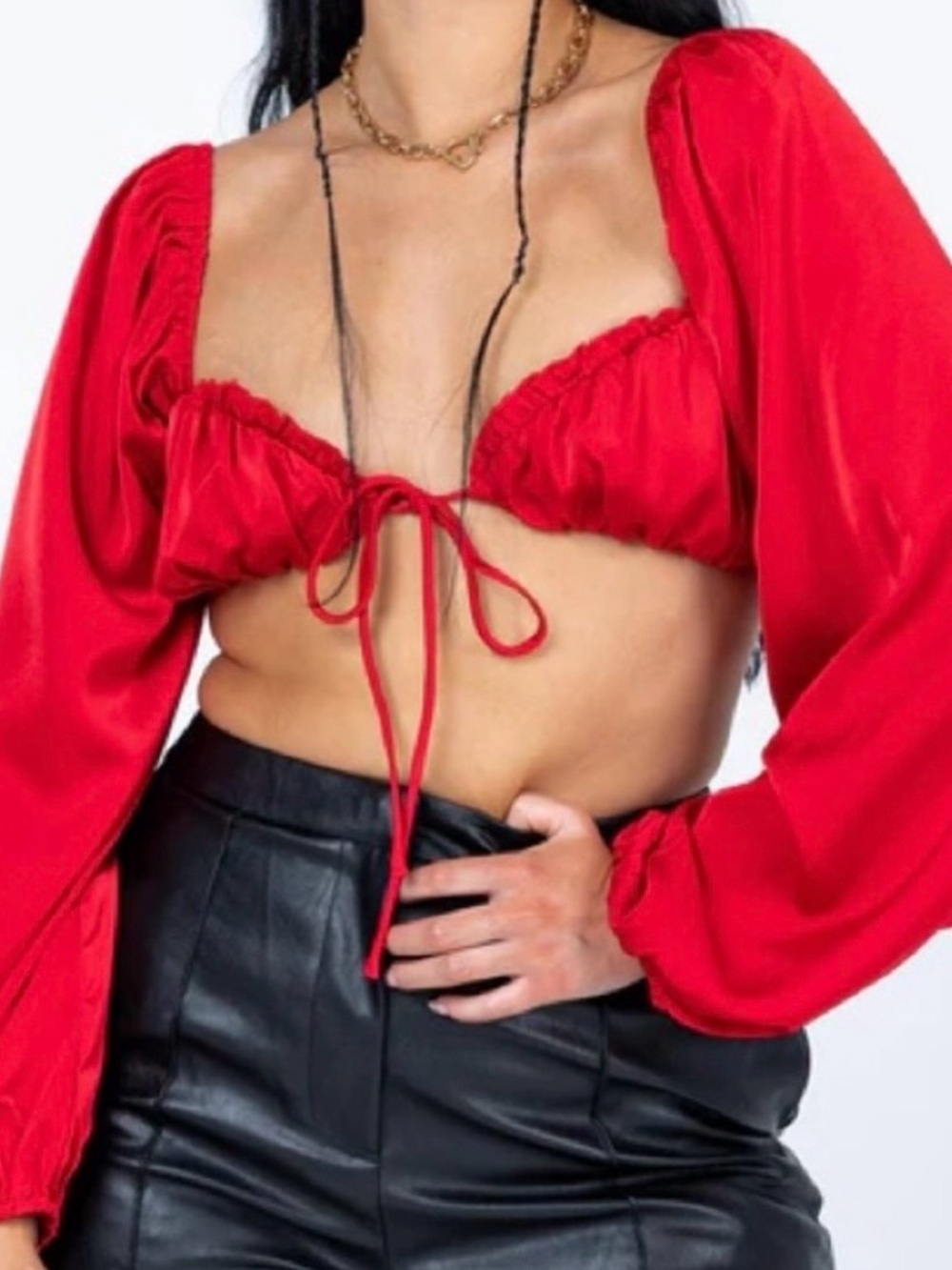 Princess Polly Red Long-Sleeve Tie-Front Satin Crop Top